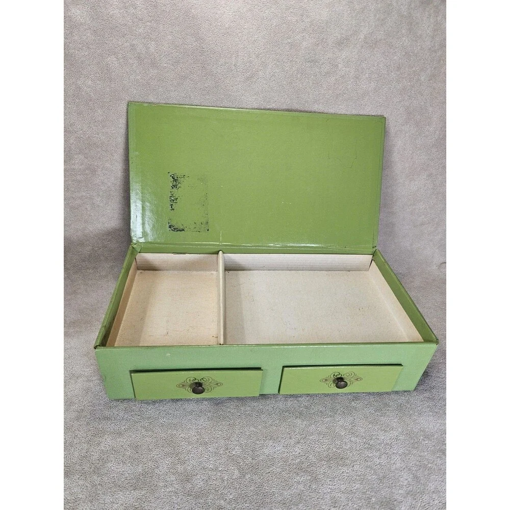 Vintage Cardboard/Leather-like Jewelry Box Green w/Tree 1960's Trinket 2 Drawers